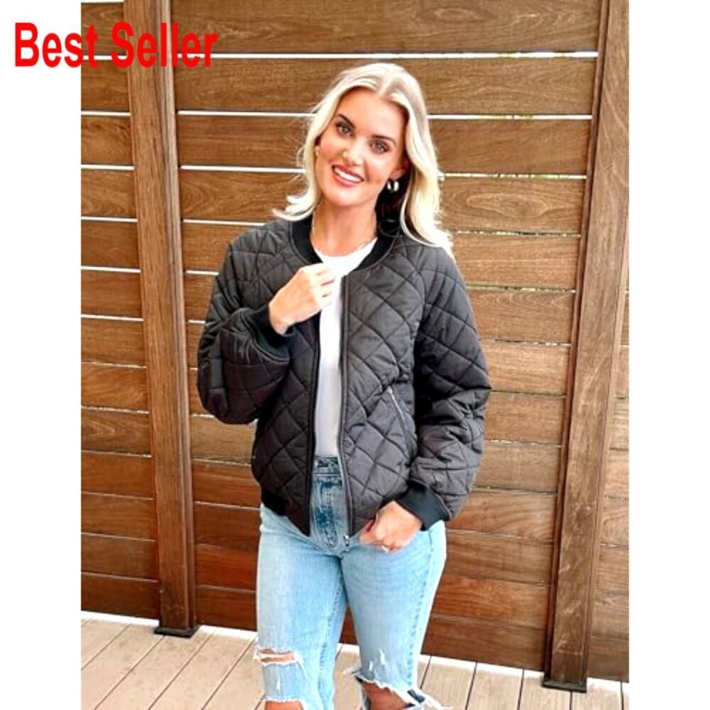 Quilted Bomber Jacket Lightweight Zip Up Casual Fall Coat - Picture 2 of 6